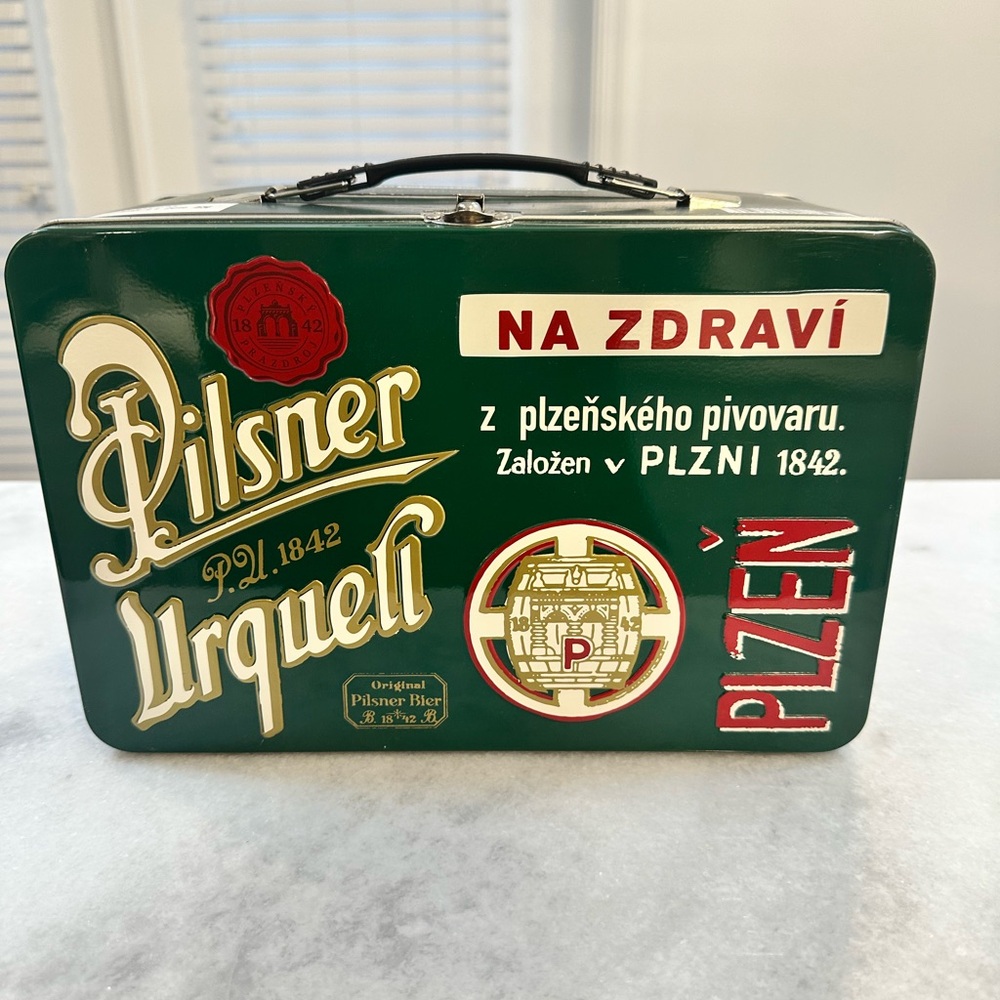 Embossed Vintage Pilsner Urquell Beer Lunch Box Green Metal 10 3/4”x 7 x 5 - NWT